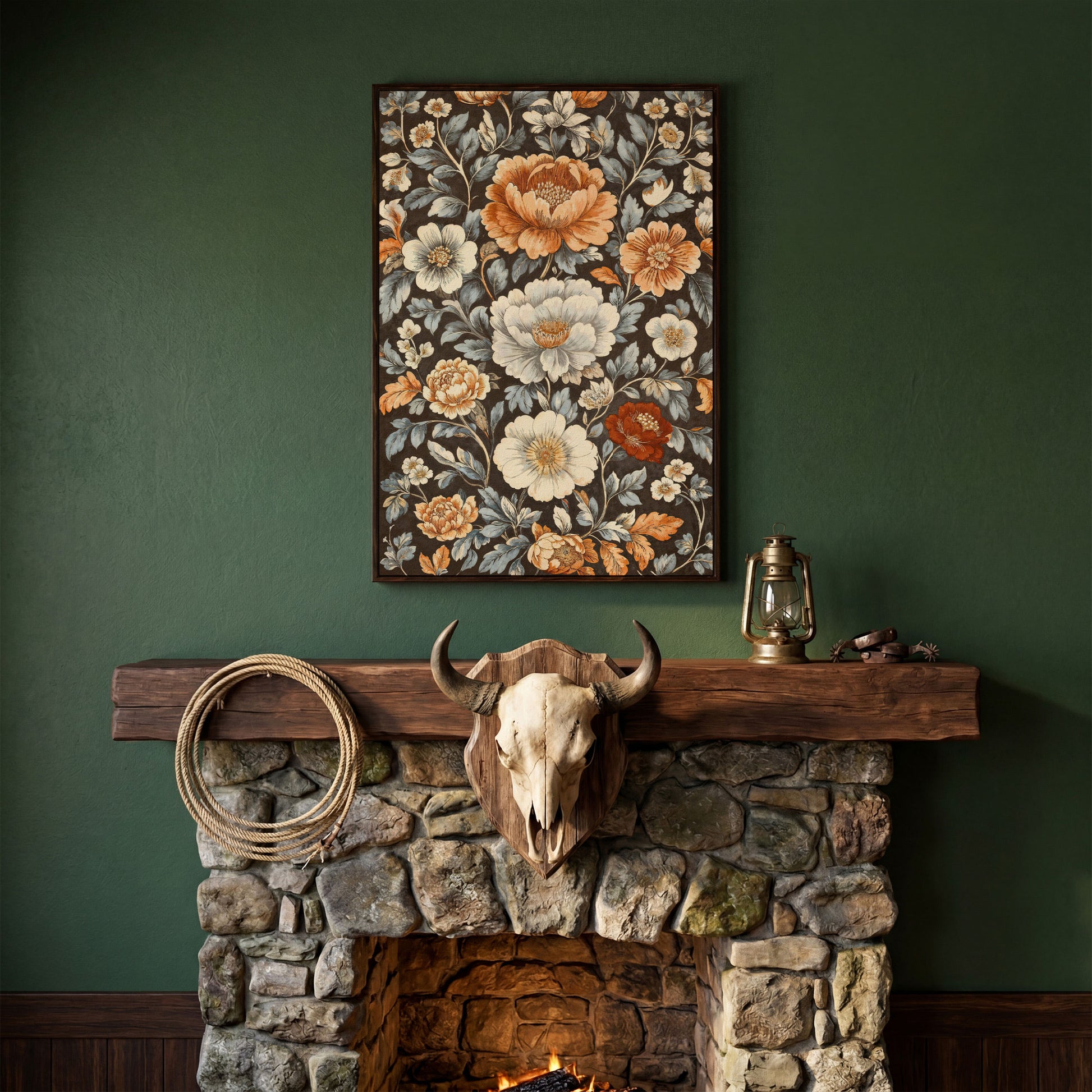 Vintage Floral Splendor Canvas Print Art in dark walnut floating frame