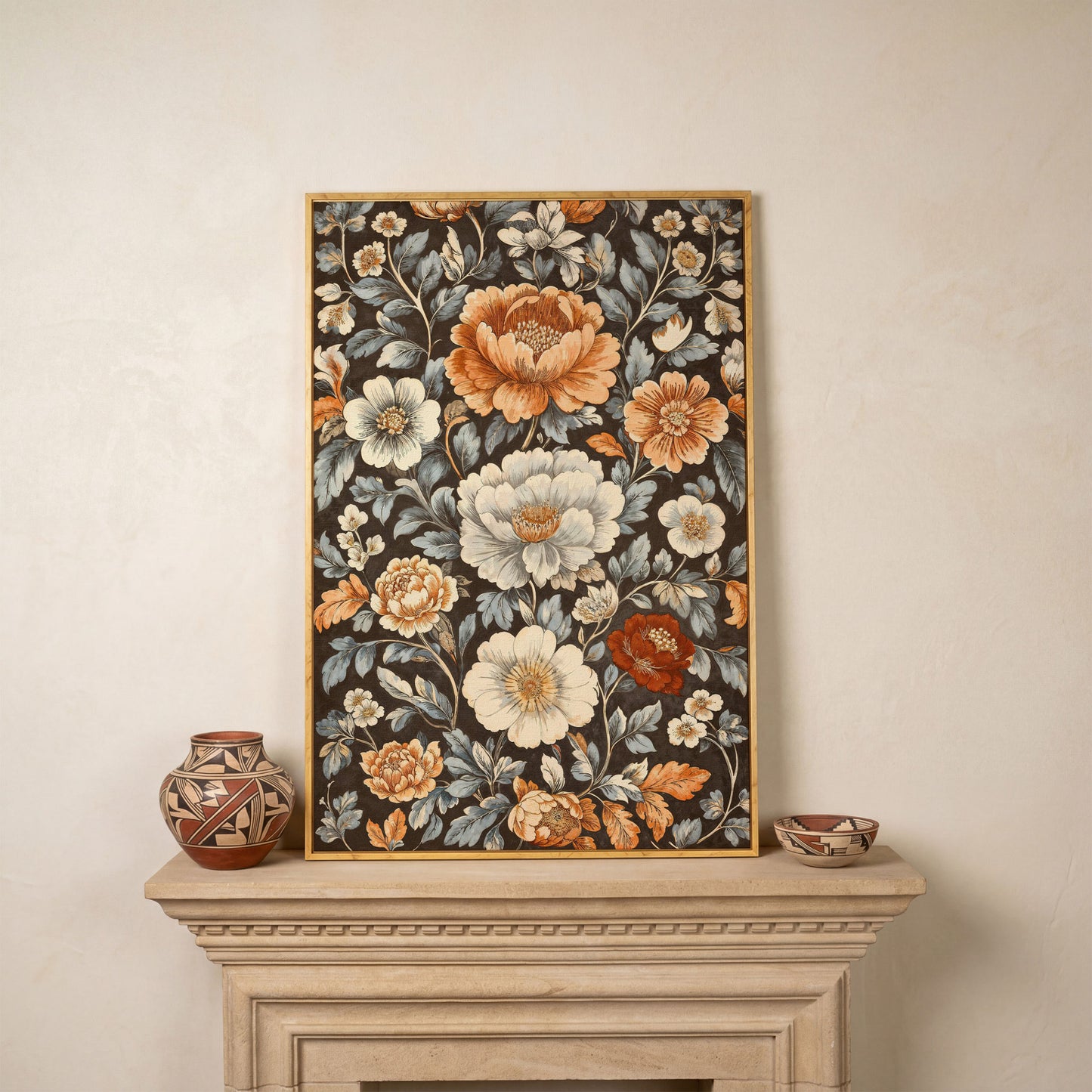 Vintage Floral Splendor Canvas Print Art in white oak floating frame