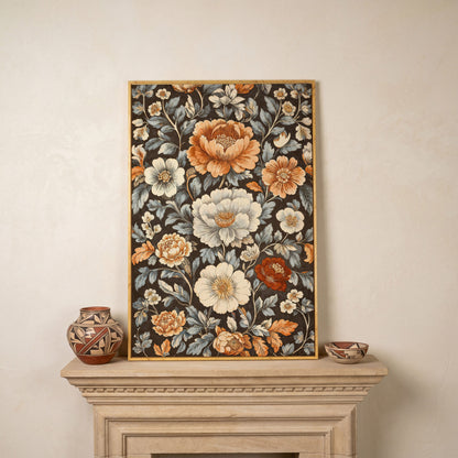 Vintage Floral Splendor Canvas Print Art in white oak floating frame
