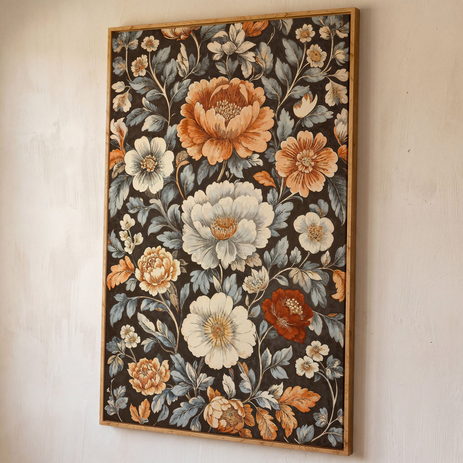 Vintage Floral Splendor Canvas Print Art shown in white oak floating frame