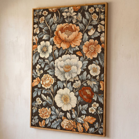 Vintage Floral Splendor Canvas Print Art shown in white oak floating frame