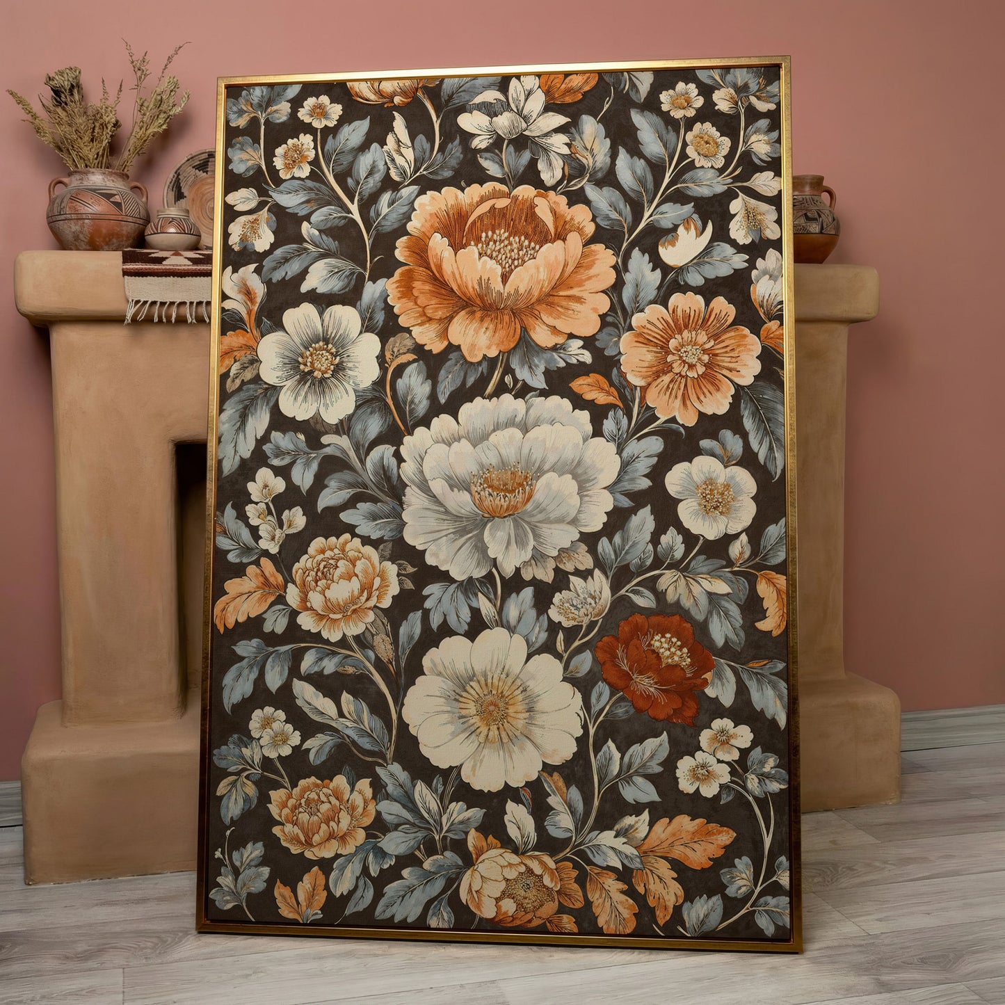 Vintage Floral Splendor Canvas Print Art in rose gold floating frame