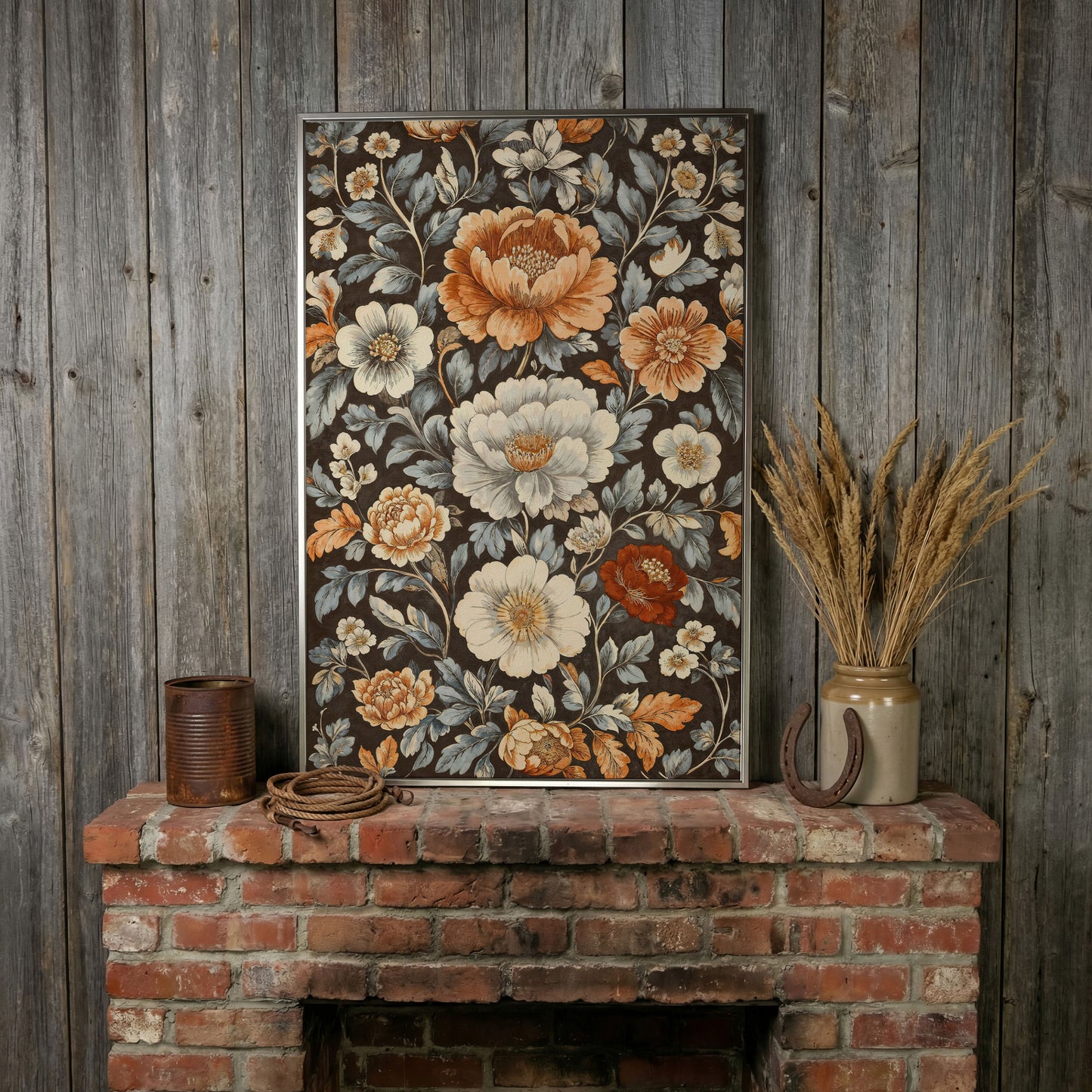 Vintage Floral Splendor Canvas Print Art in silver floating frame