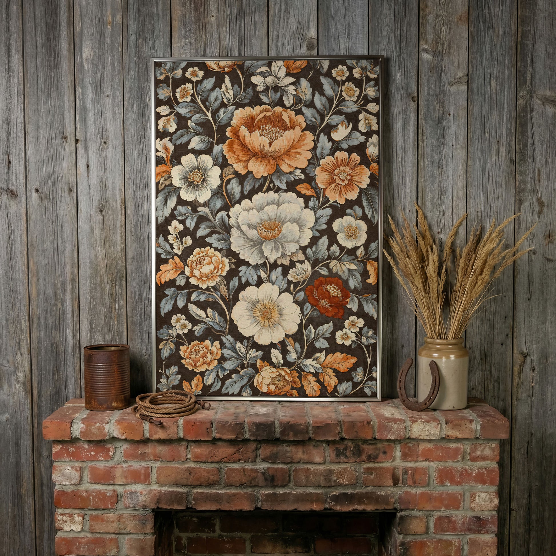 Vintage Floral Splendor Canvas Print Art in silver floating frame