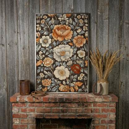 Vintage Floral Splendor Canvas Print Art in silver floating frame