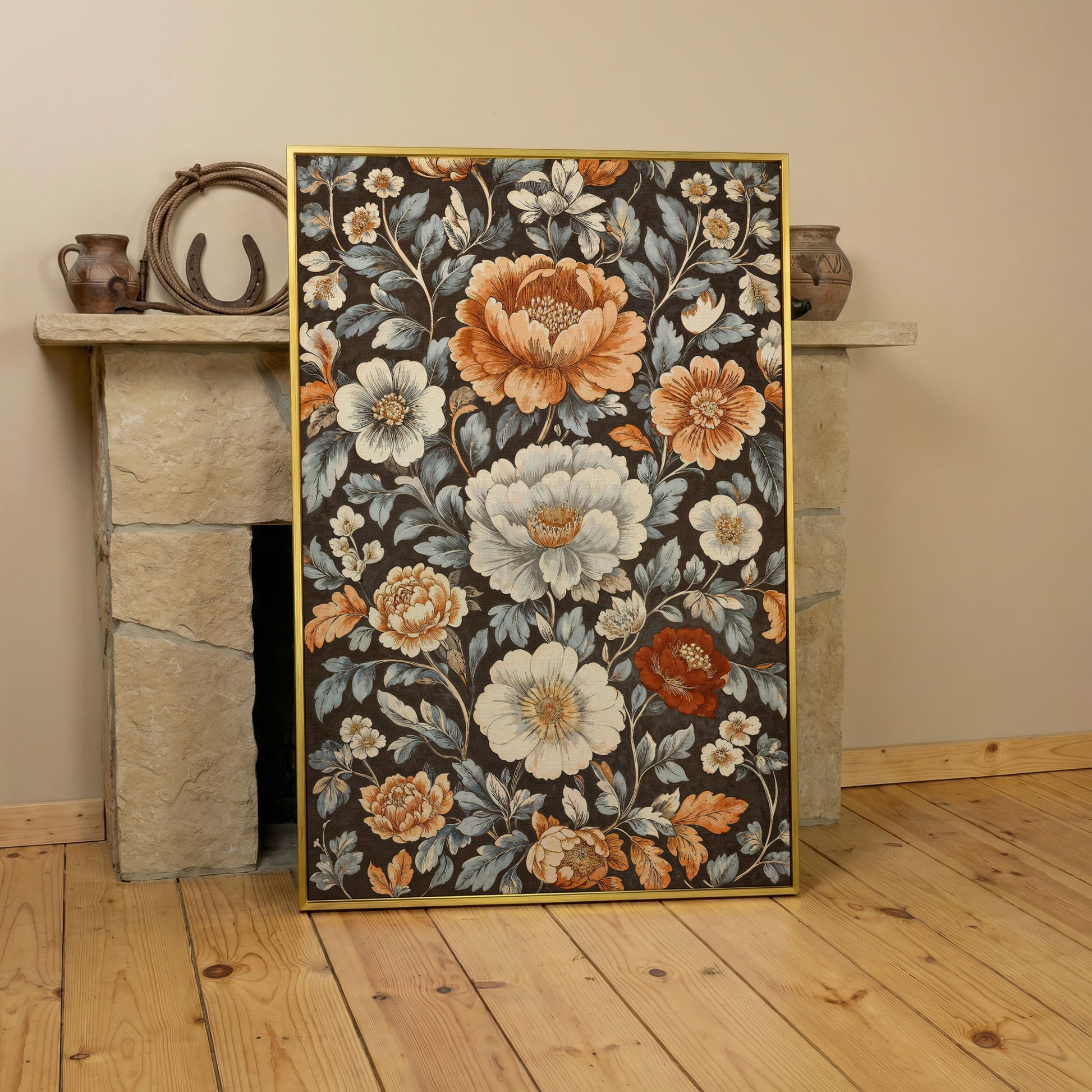 Vintage Floral Splendor Canvas Print Art in yellow gold floating frame
