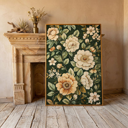 William Morris Floral Canvas in Forest Green in antique gold floating frame