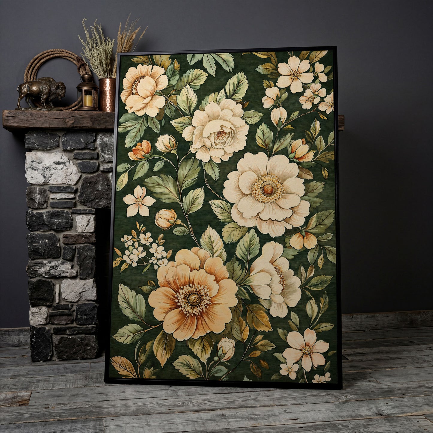 William Morris Floral Canvas in Forest Green in black floating frame