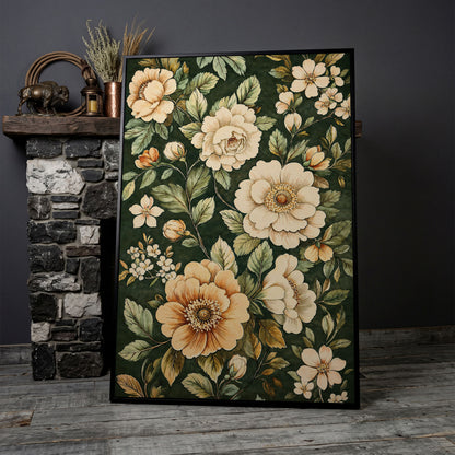 William Morris Floral Canvas in Forest Green in black floating frame