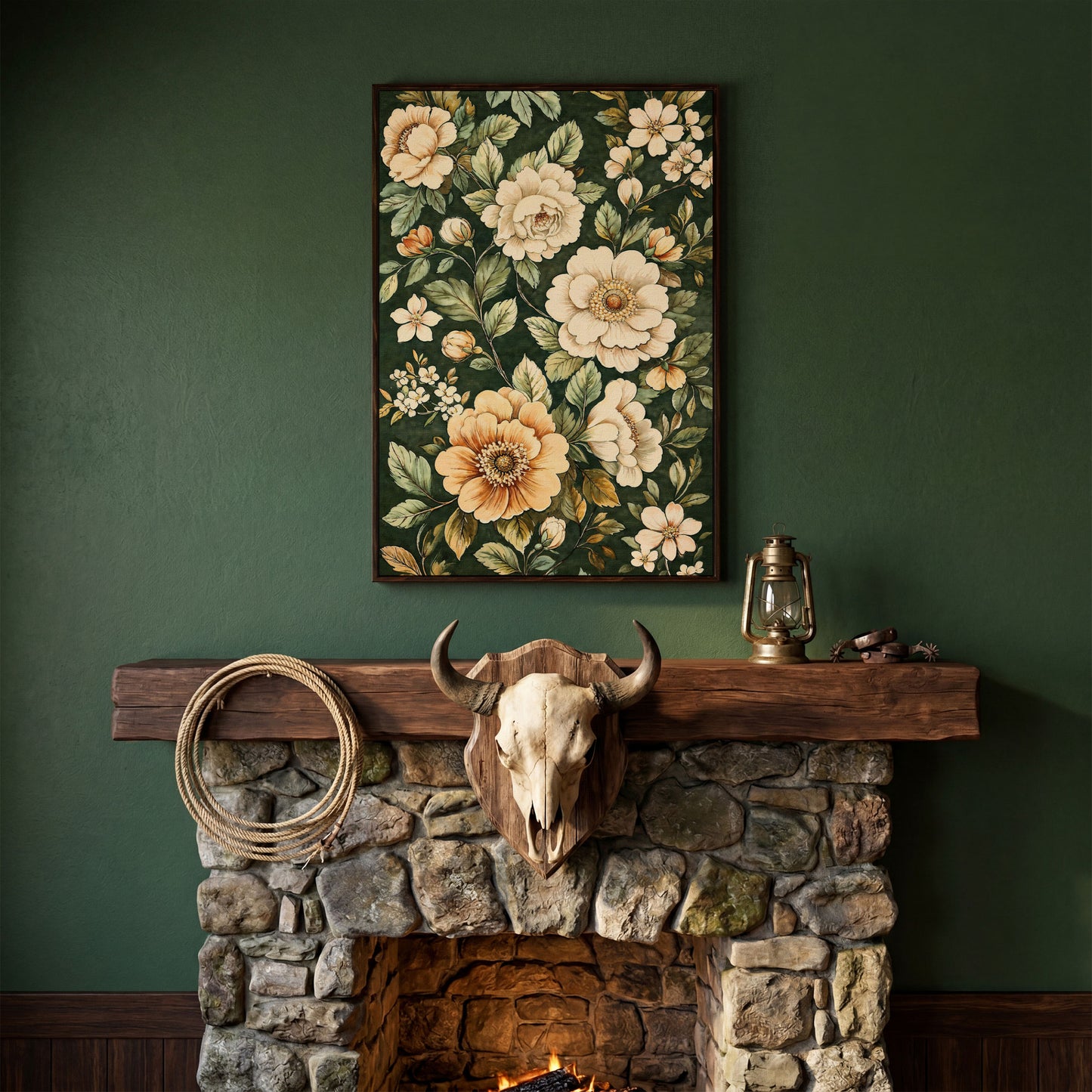 William Morris Floral Canvas in Forest Green in dark walnut floating frame