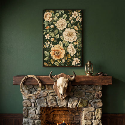 William Morris Floral Canvas in Forest Green in dark walnut floating frame