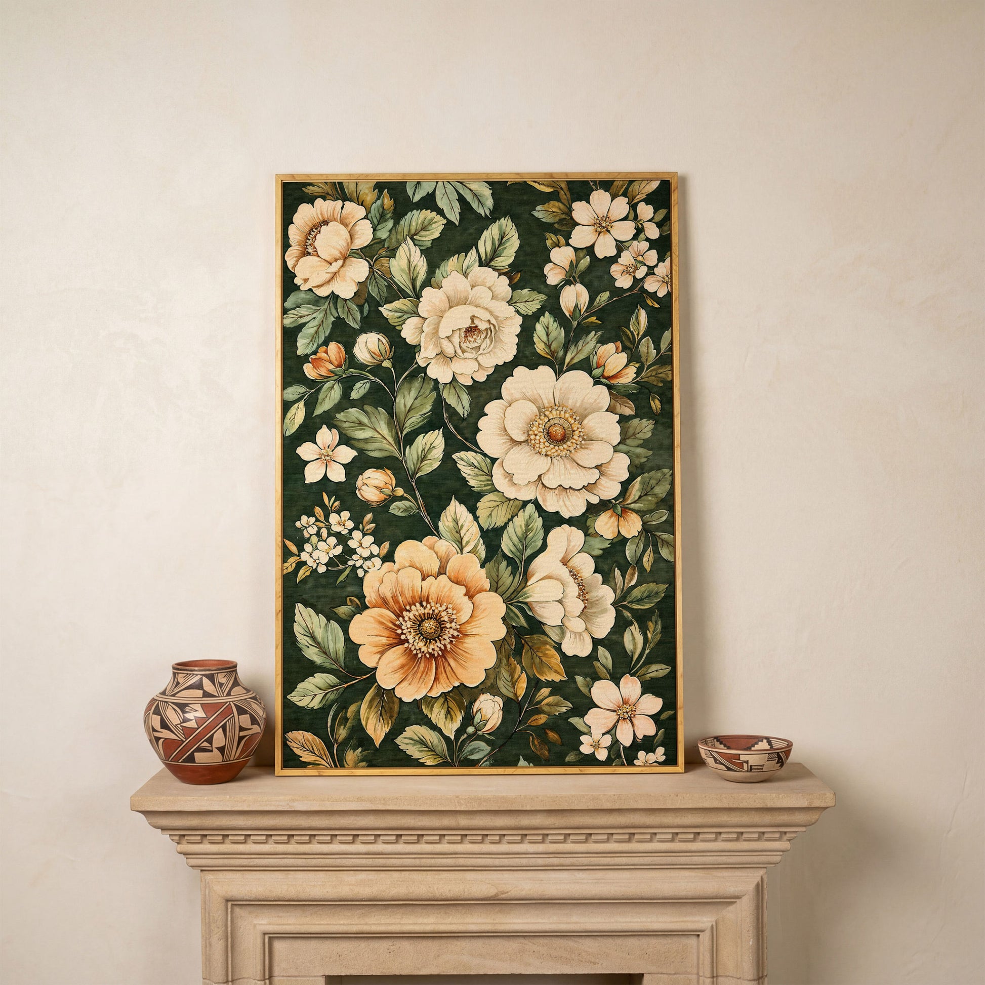William Morris Floral Canvas in Forest Green in white oak floating frame