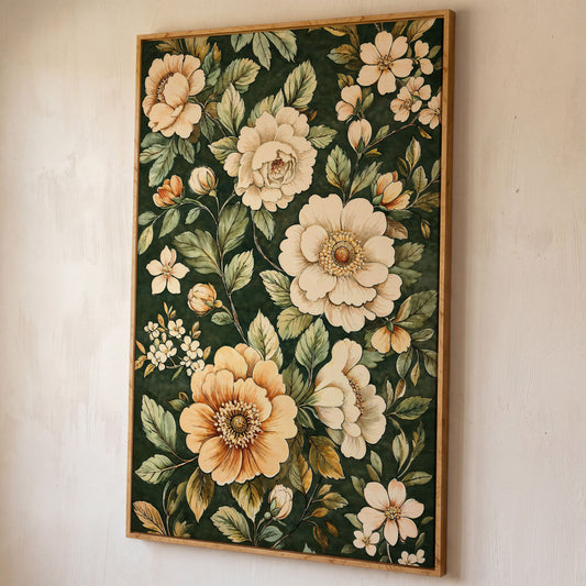 William Morris Floral Canvas in Forest Green shown in white oak floating frame