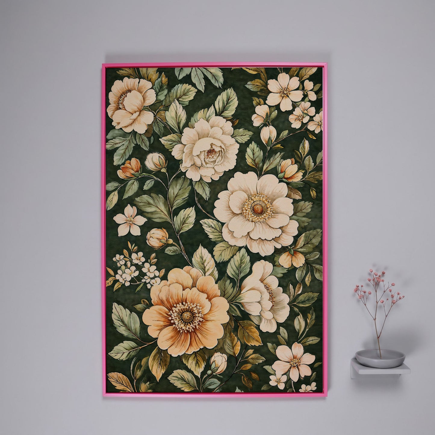William Morris Floral Canvas in Forest Green in pink floating frame