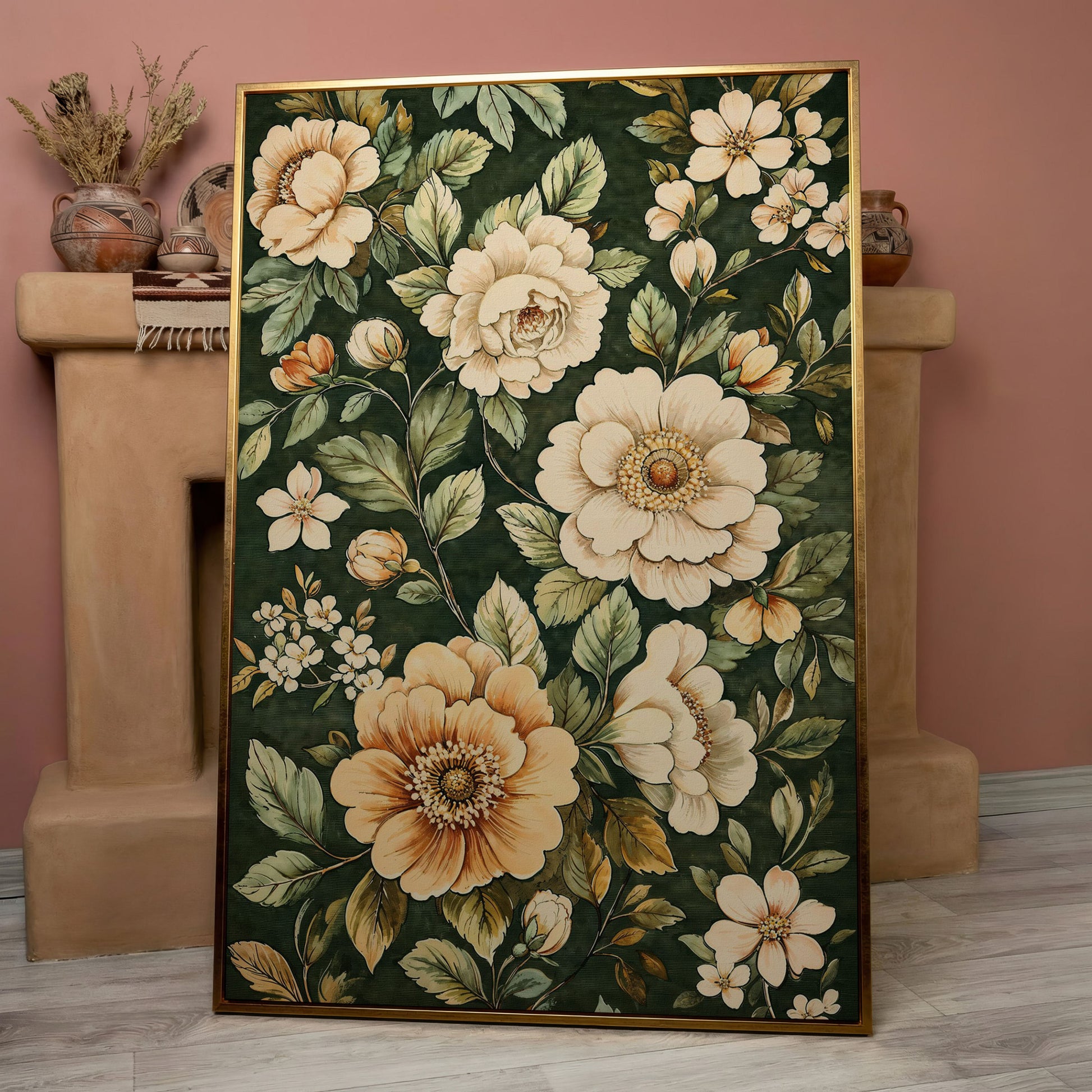 William Morris Floral Canvas in Forest Green in rose gold floating frame