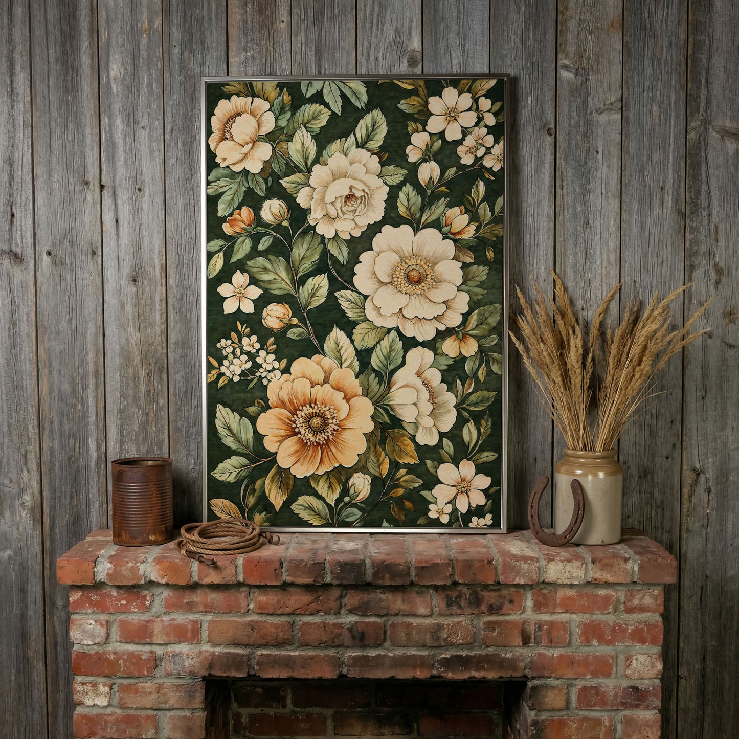 William Morris Floral Canvas in Forest Green in silver floating frame