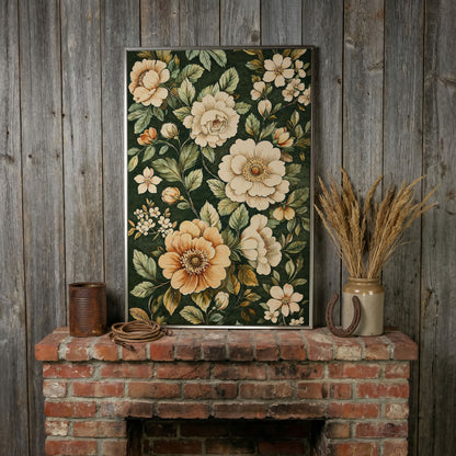 William Morris Floral Canvas in Forest Green in silver floating frame