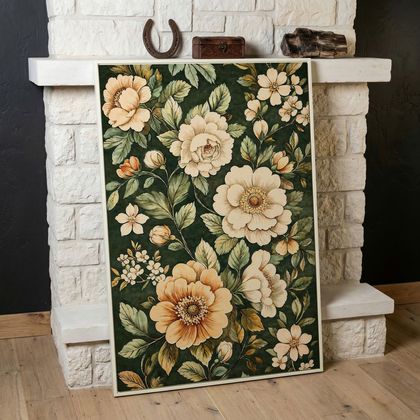 William Morris Floral Canvas in Forest Green in white floating frame
