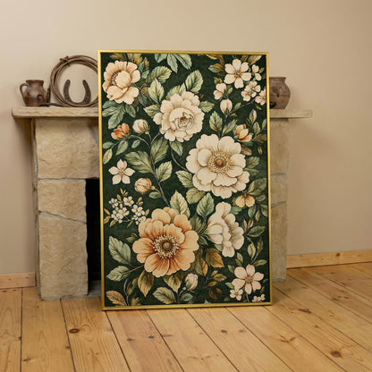 William Morris Floral Canvas in Forest Green in yellow gold floating frame