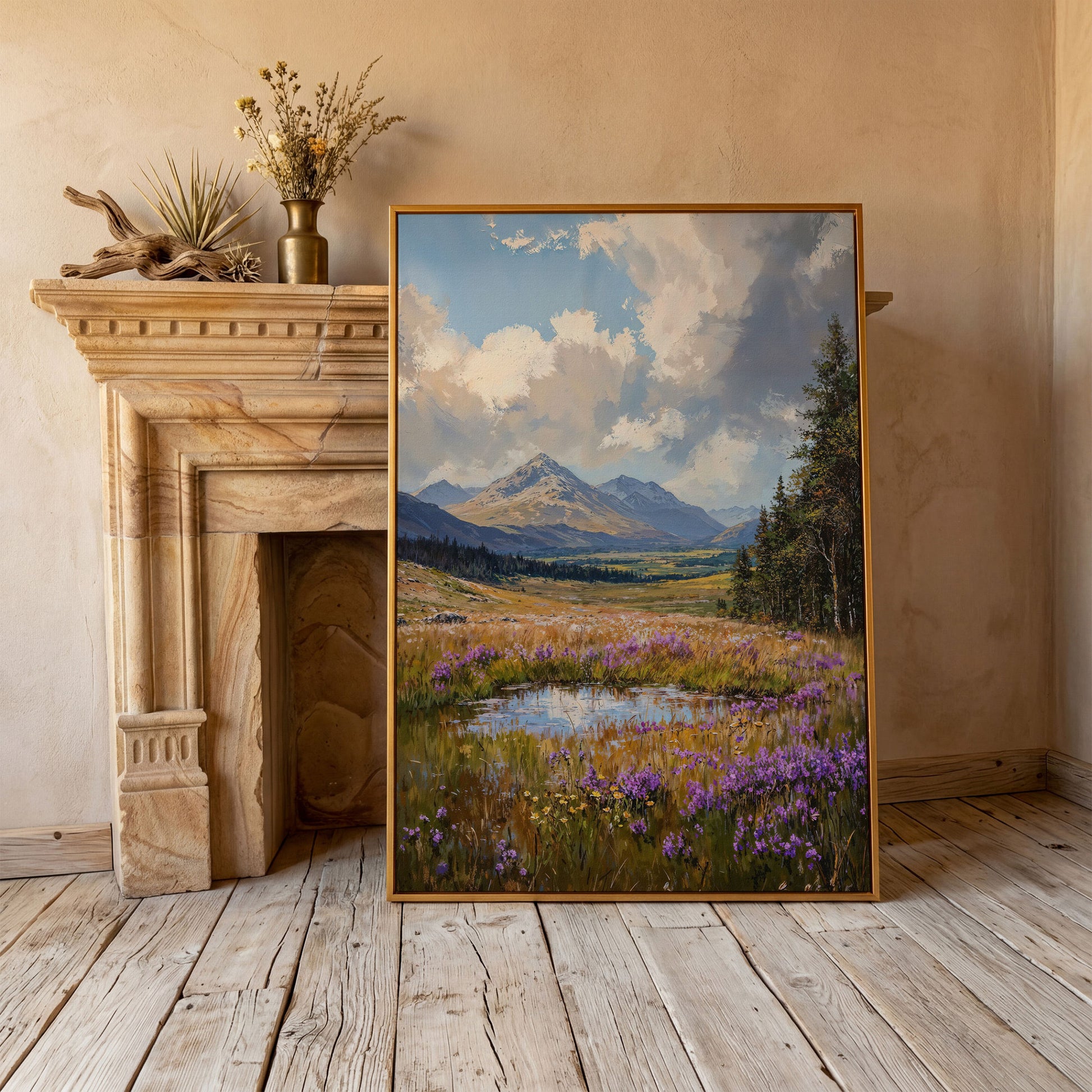 Mountain Wildflower Field Canvas in antique gold floating frame