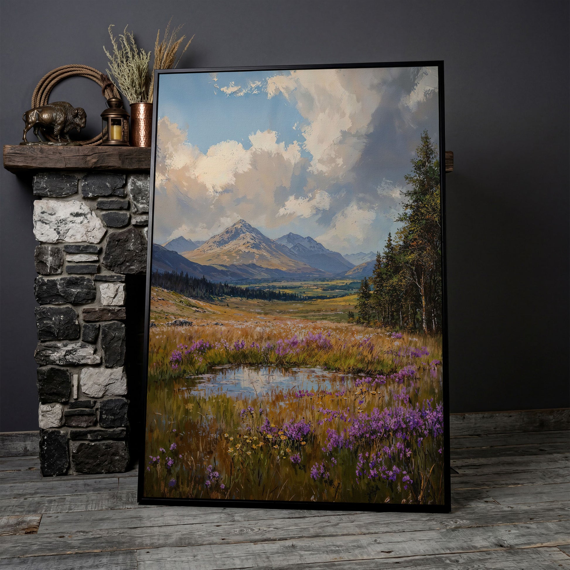 Mountain Wildflower Field Canvas in black floating frame