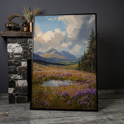 Mountain Wildflower Field Canvas in black floating frame