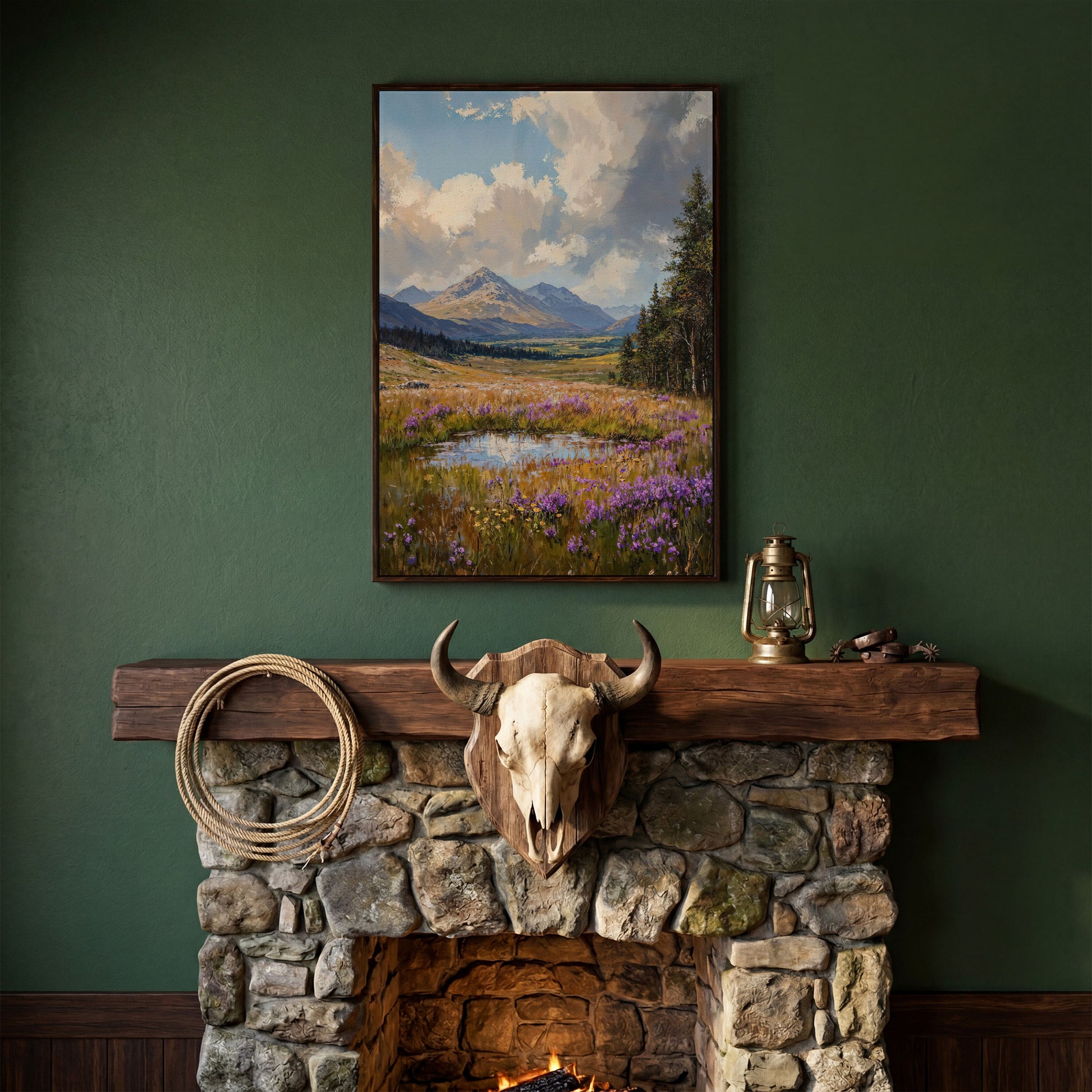 Mountain Wildflower Field Canvas in dark walnut floating frame