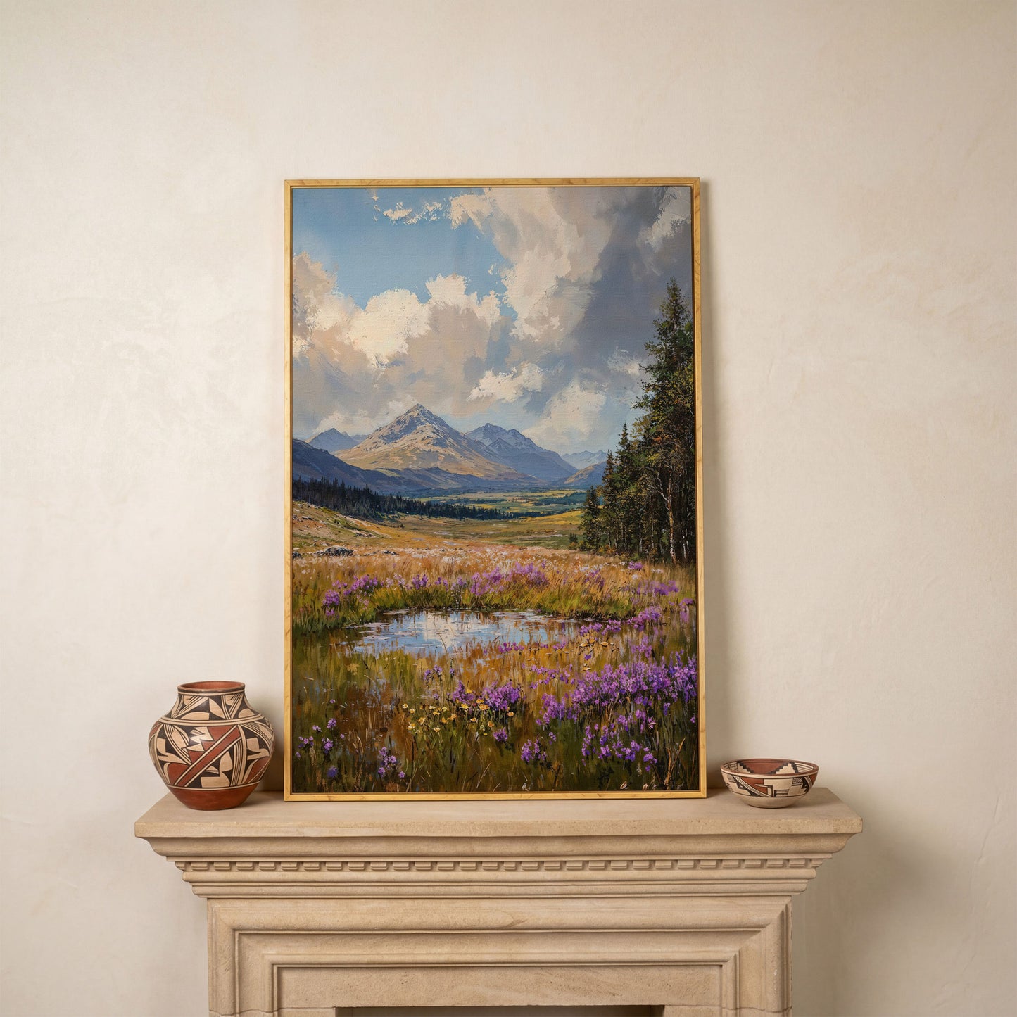 Mountain Wildflower Field Canvas in white oak floating frame