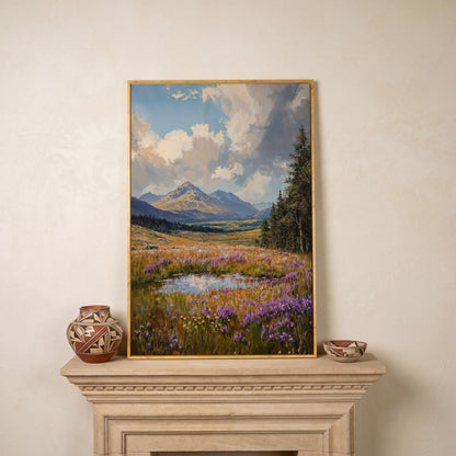 Mountain Wildflower Field Canvas in white oak floating frame