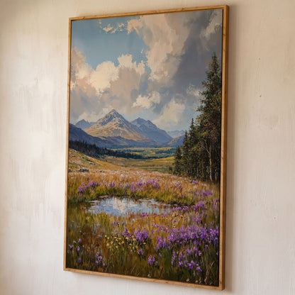 Mountain Wildflower Field Canvas shown in white oak floating frame