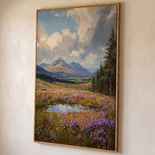 Mountain Wildflower Field Canvas shown in white oak floating frame
