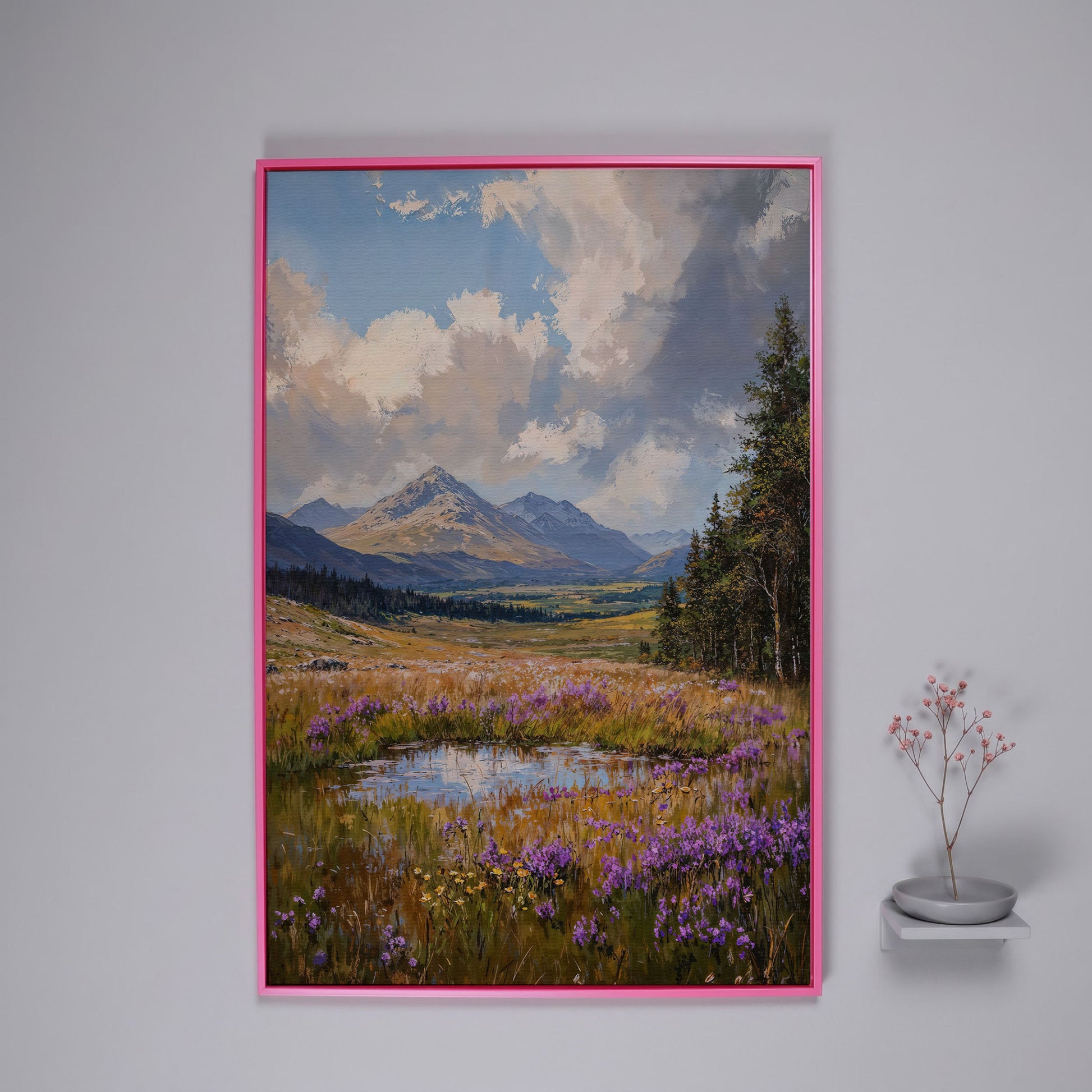 Mountain Wildflower Field Canvas in pink floating frame