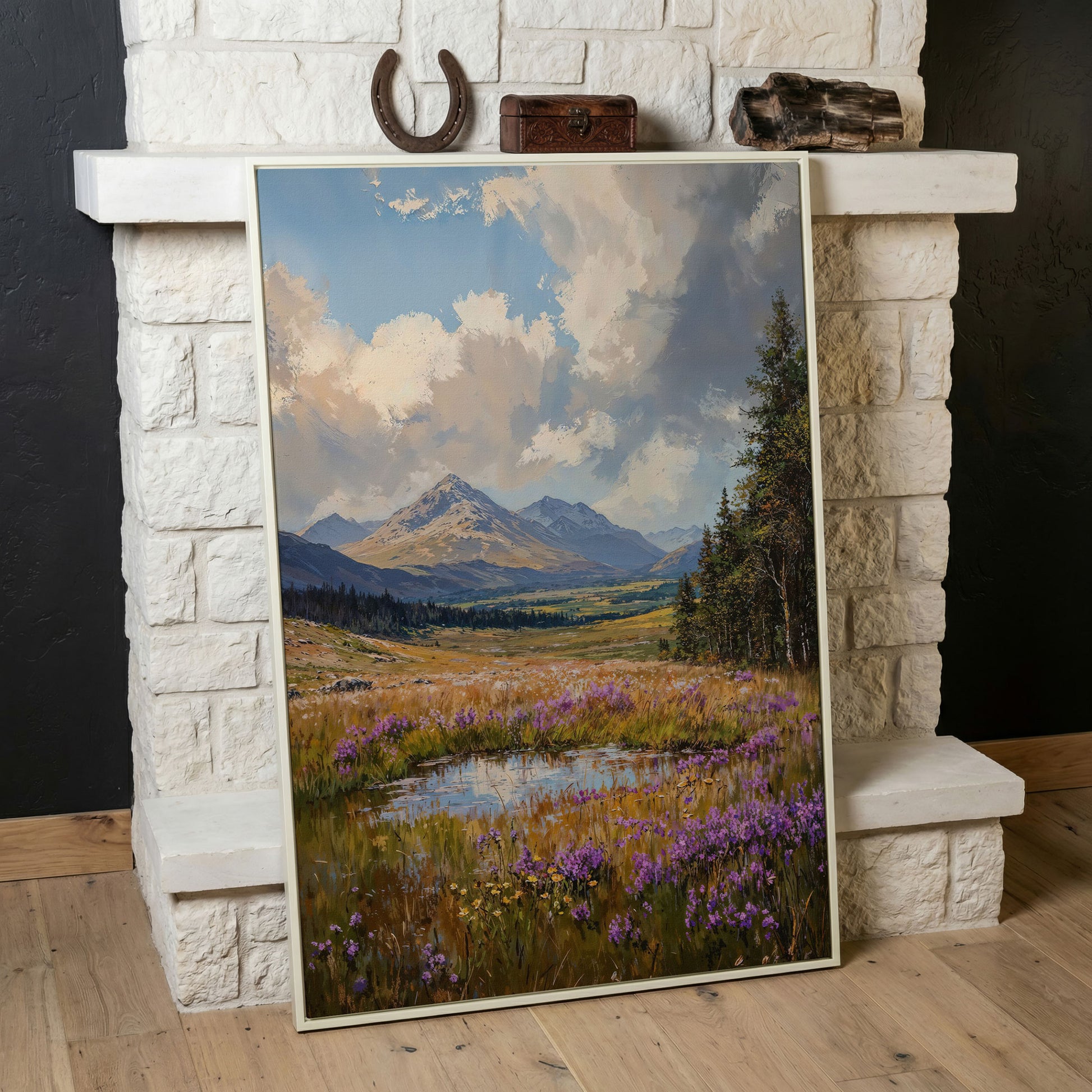 Mountain Wildflower Field Canvas in white floating frame
