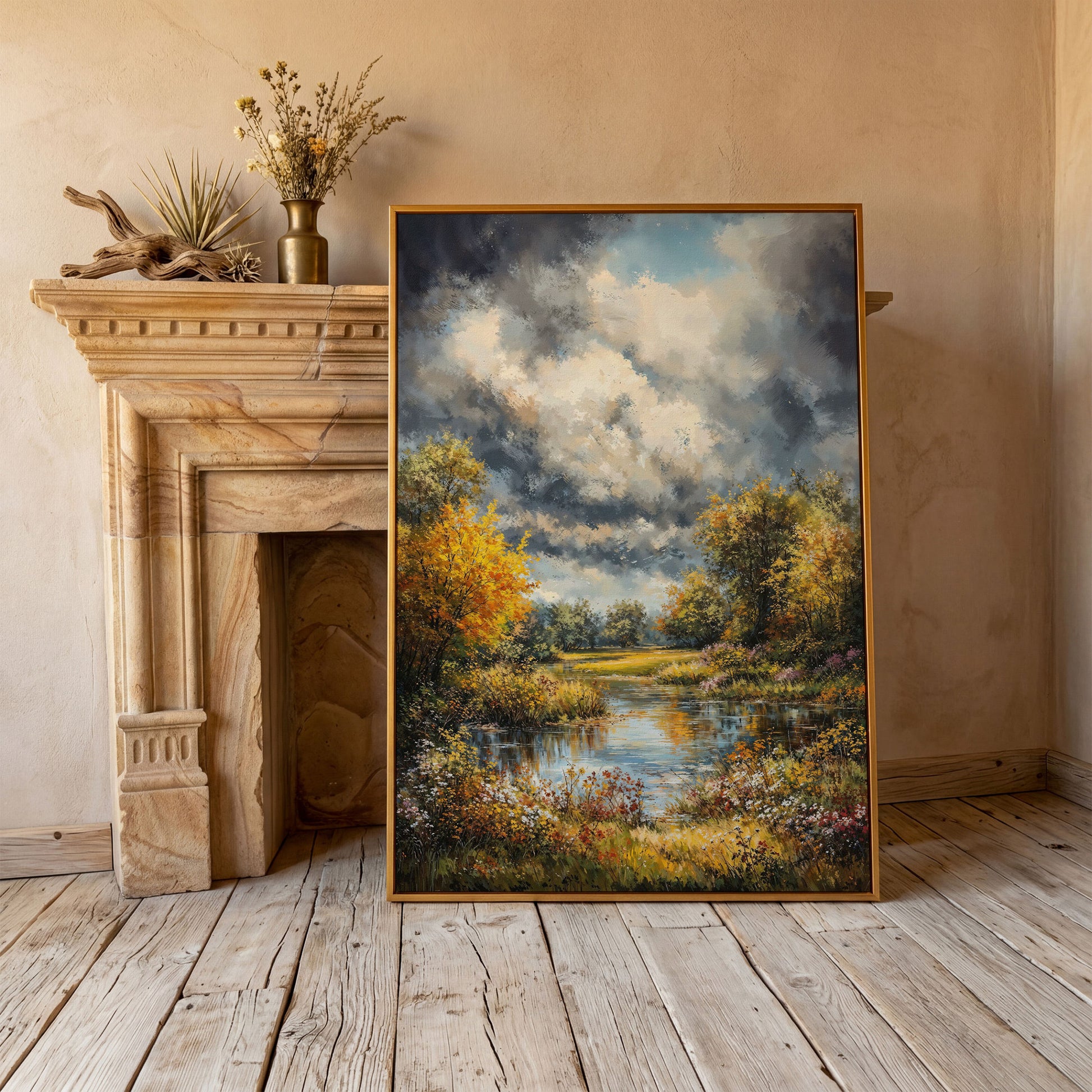 Forest Pond Landscape Canvas with Autumn Sky in antique gold floating frame
