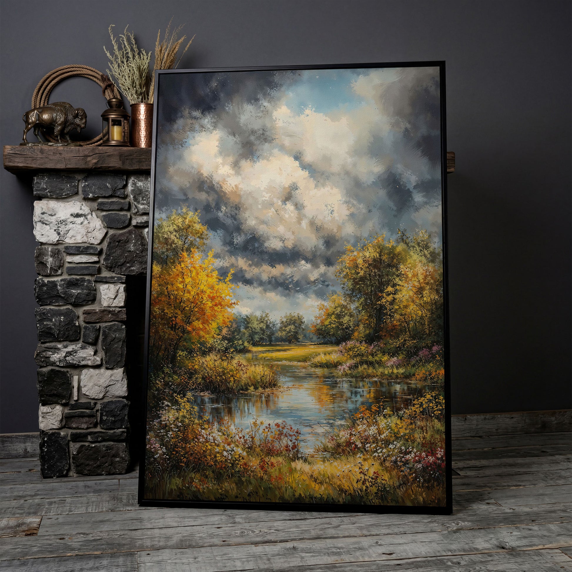 Forest Pond Landscape Canvas with Autumn Sky in black floating frame
