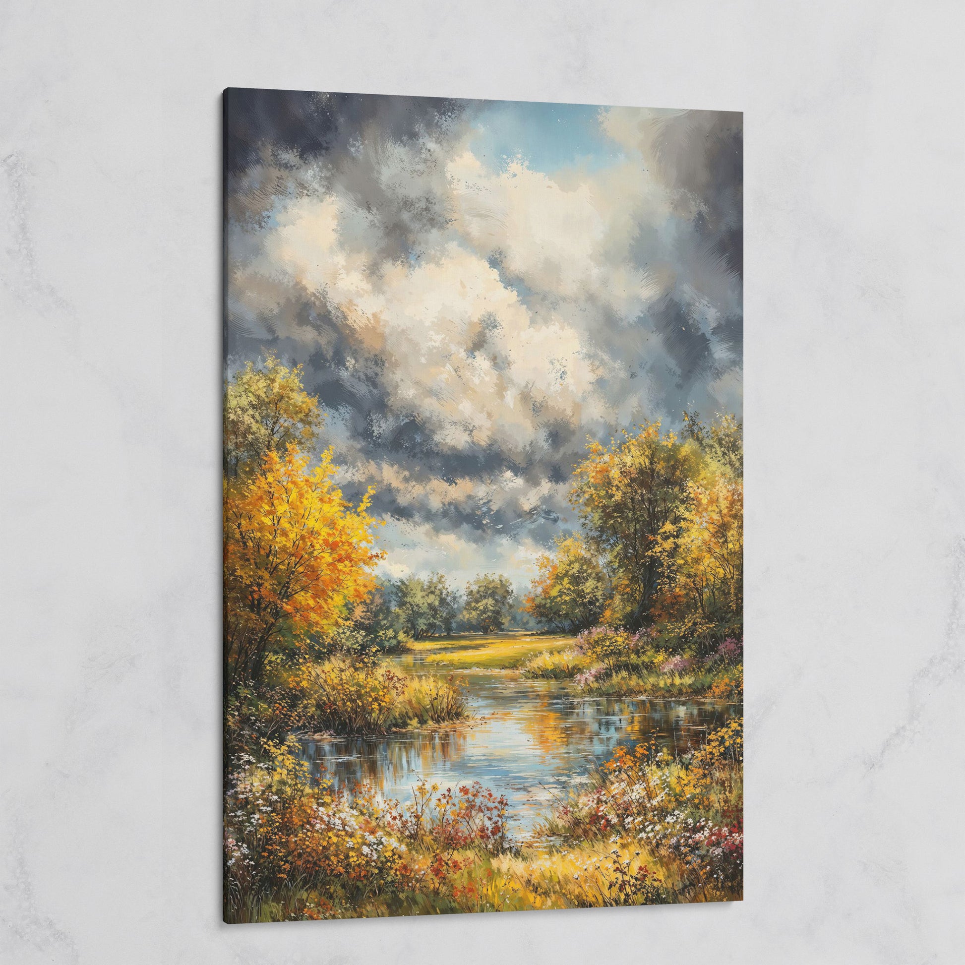 Forest Pond Landscape Canvas with Autumn Sky on gallery wrap