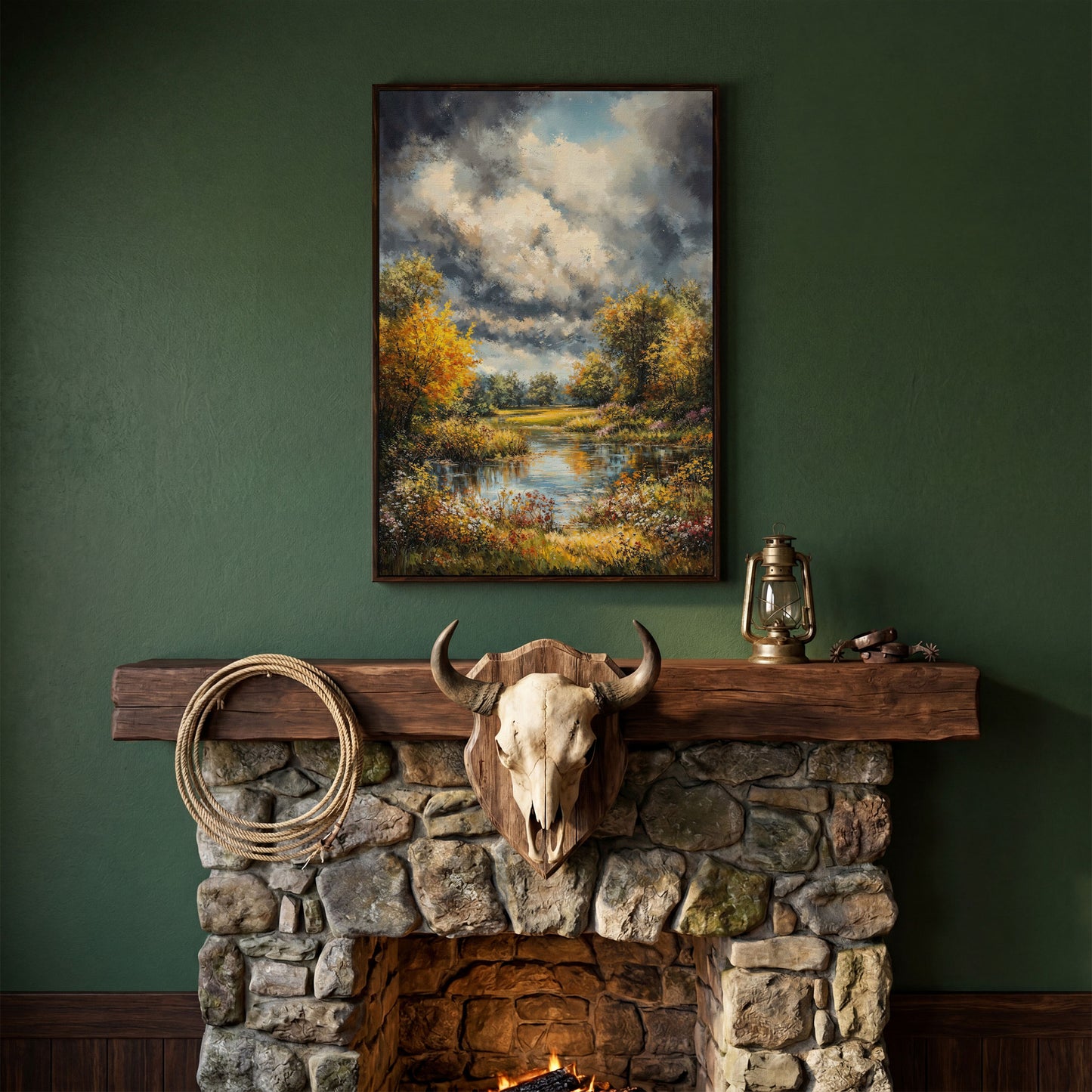 Forest Pond Landscape Canvas with Autumn Sky in dark walnut floating frame