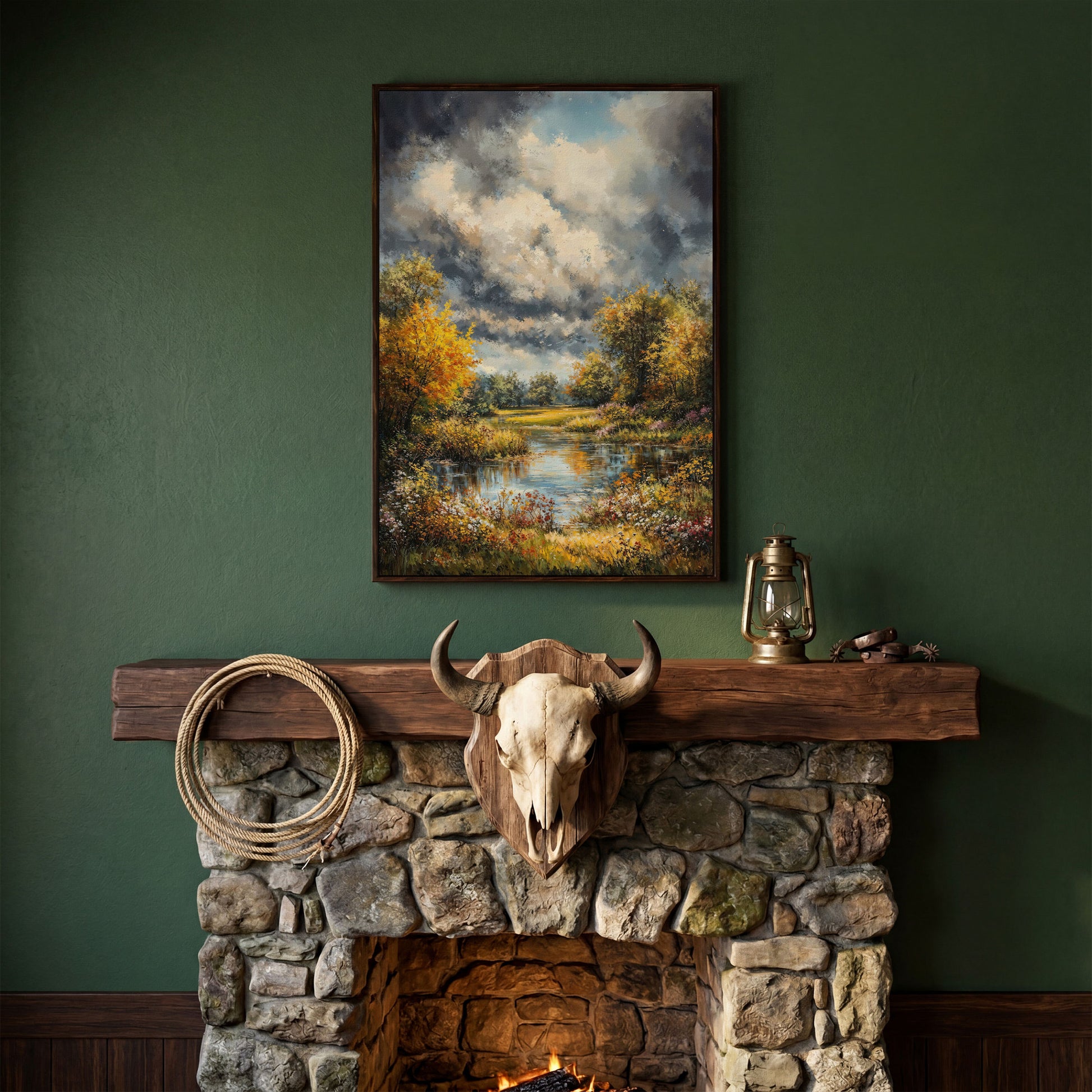 Forest Pond Landscape Canvas with Autumn Sky in dark walnut floating frame