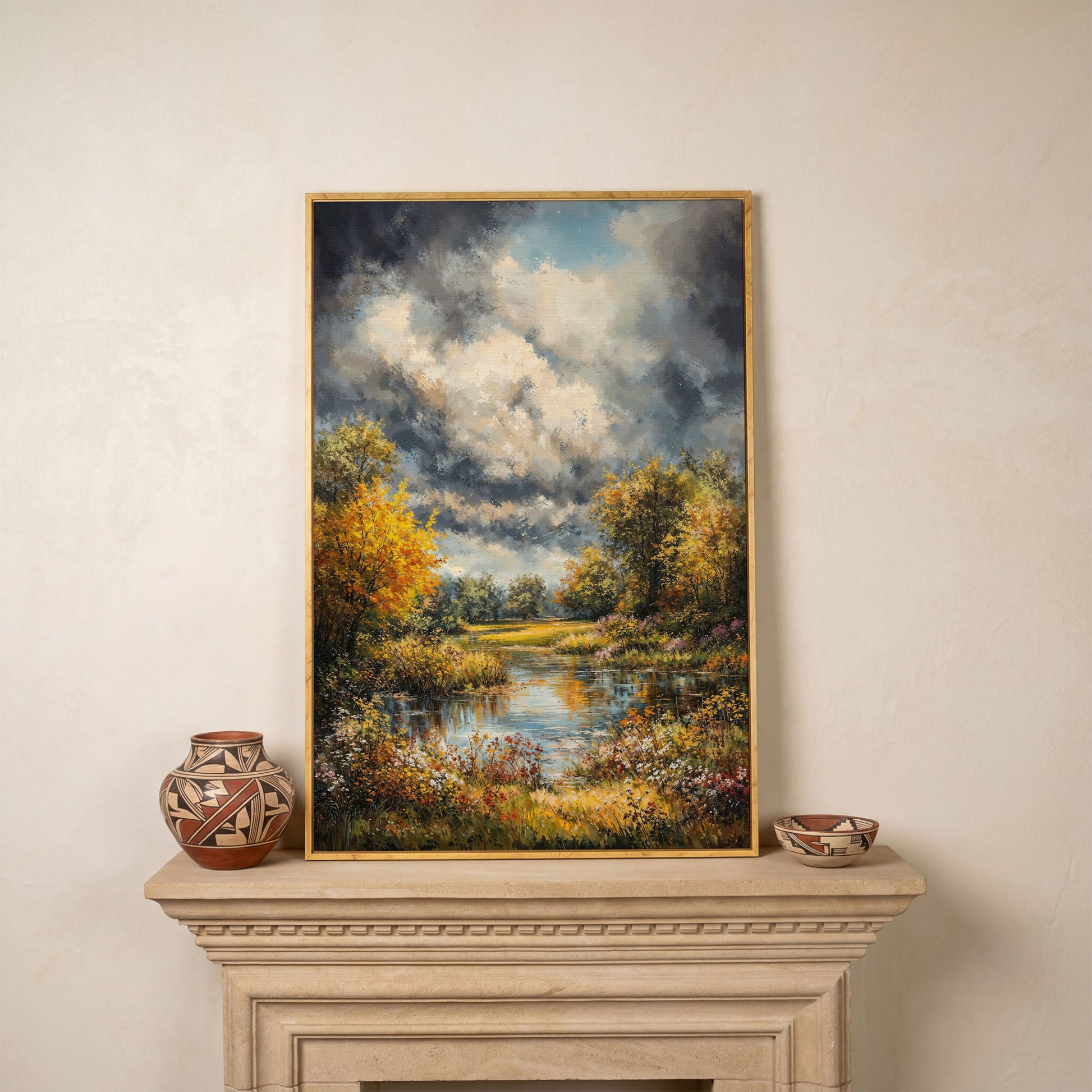 Forest Pond Landscape Canvas with Autumn Sky in white oak floating frame