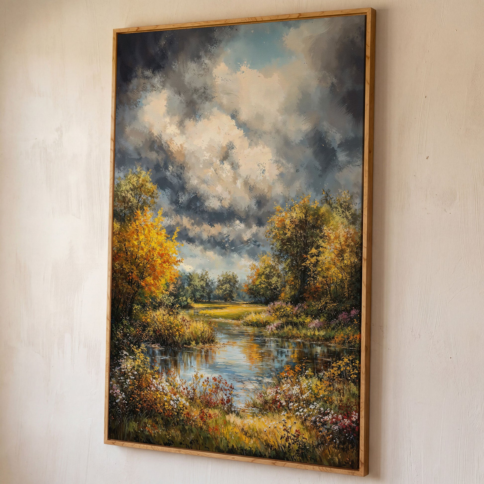 Forest Pond Landscape Canvas with Autumn Sky shown in white oak floating frame