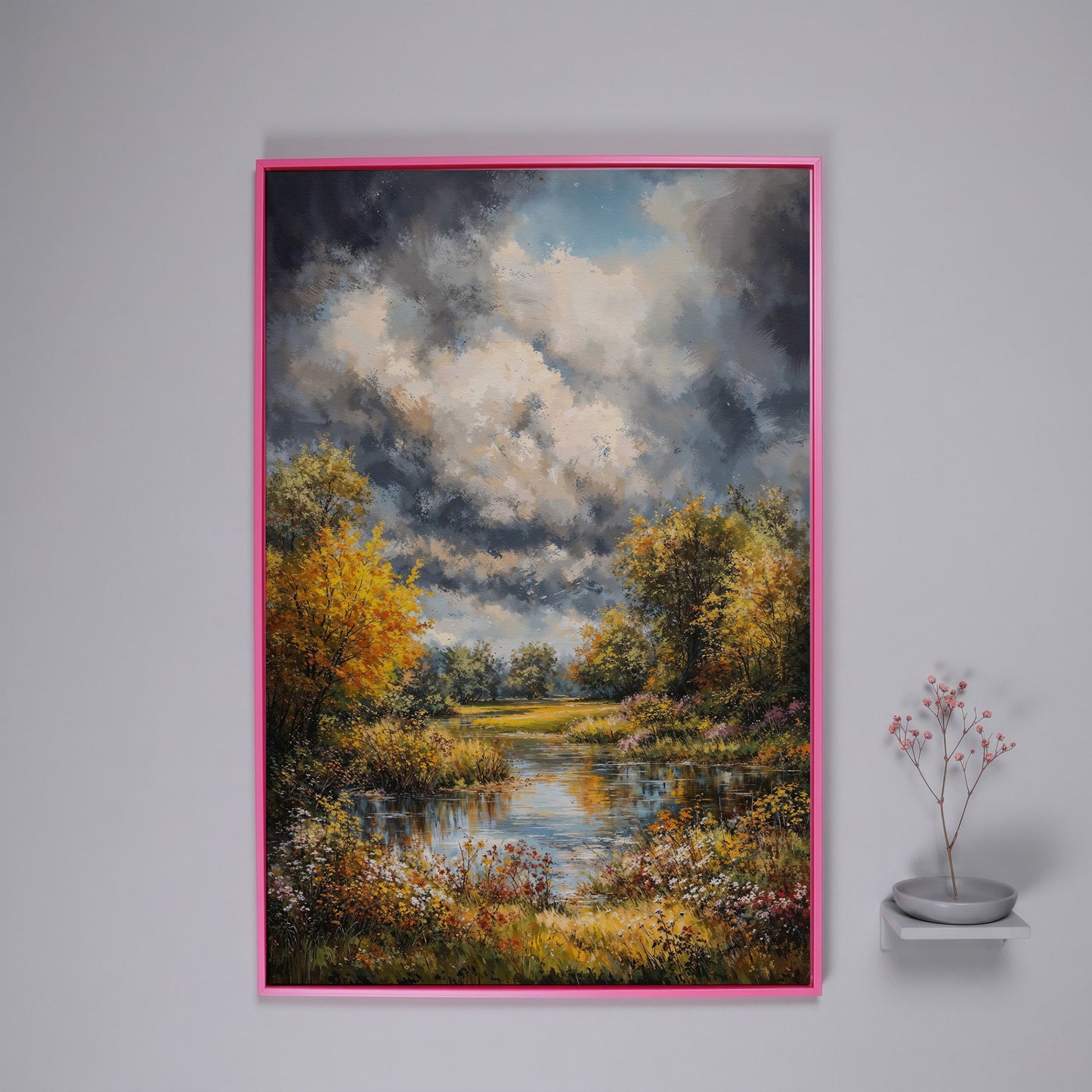 Forest Pond Landscape Canvas with Autumn Sky in pink floating frame