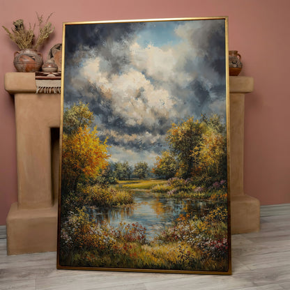 Forest Pond Landscape Canvas with Autumn Sky in rose gold floating frame