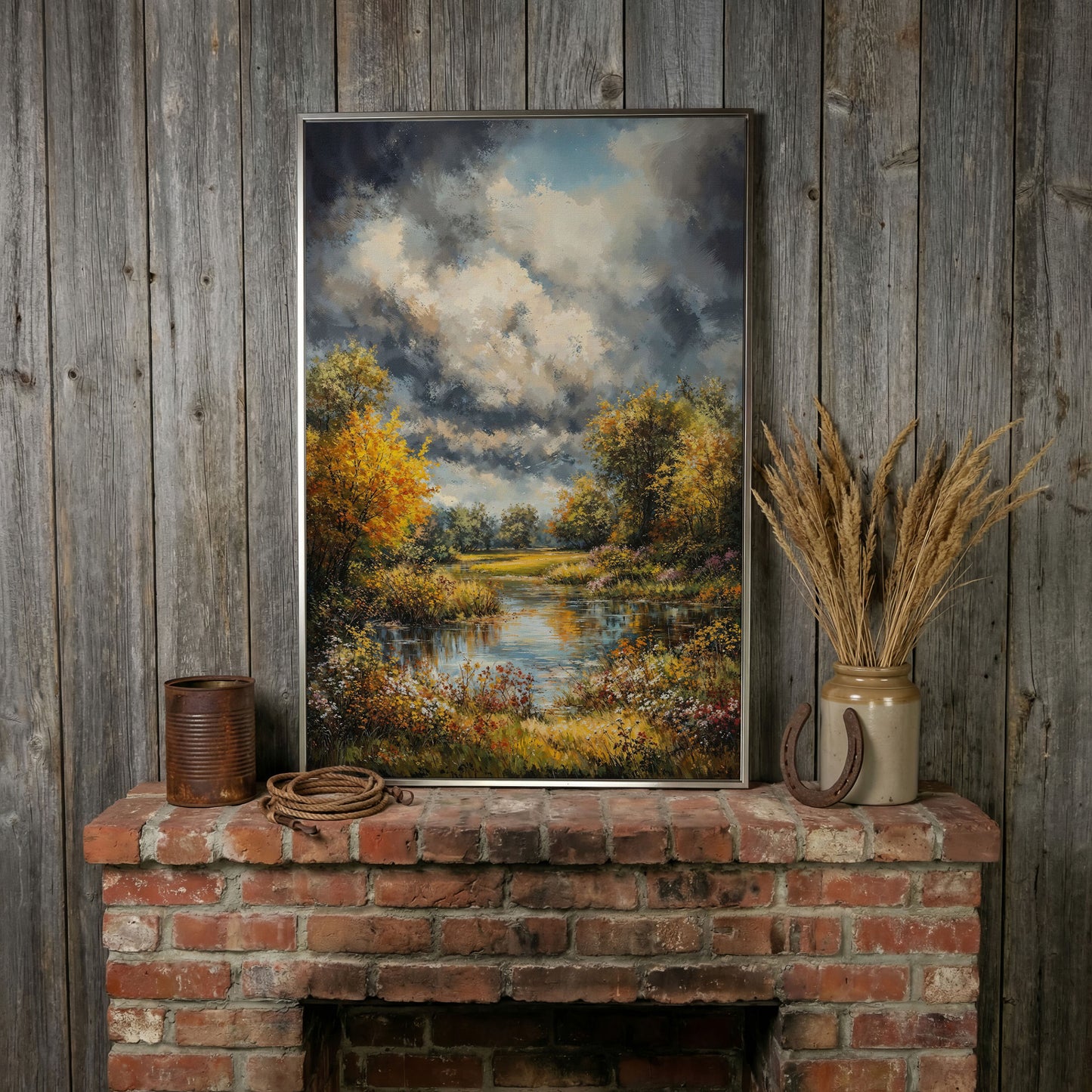 Forest Pond Landscape Canvas with Autumn Sky in silver floating frame