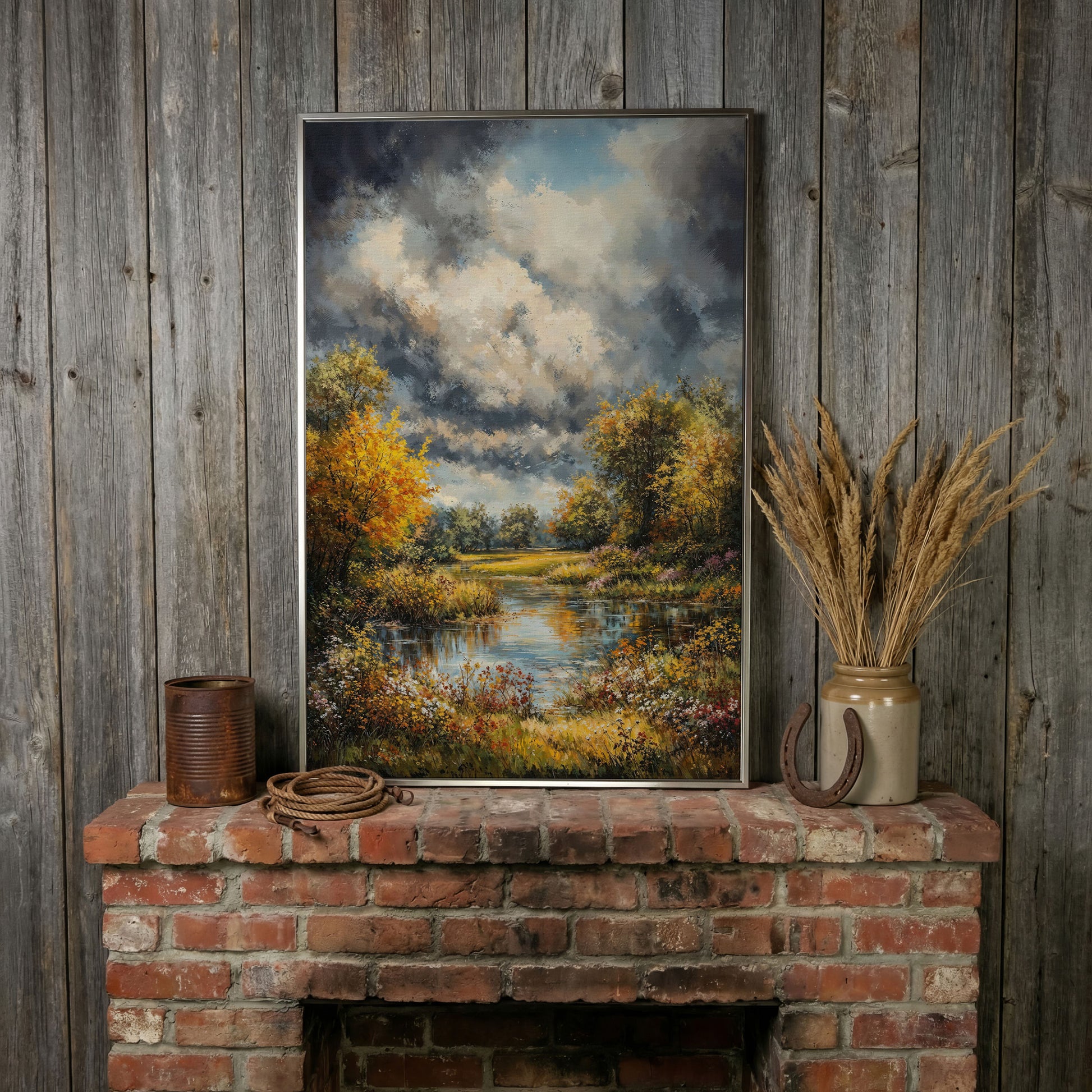 Forest Pond Landscape Canvas with Autumn Sky in silver floating frame