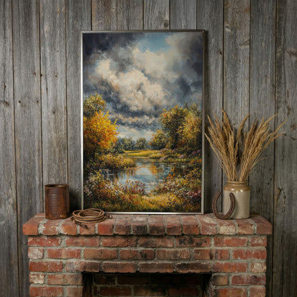 Forest Pond Landscape Canvas with Autumn Sky in silver floating frame