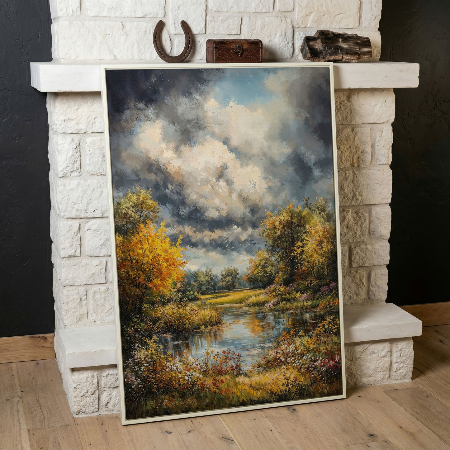 Forest Pond Landscape Canvas with Autumn Sky in white floating frame
