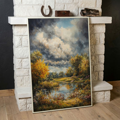 Forest Pond Landscape Canvas with Autumn Sky in white floating frame