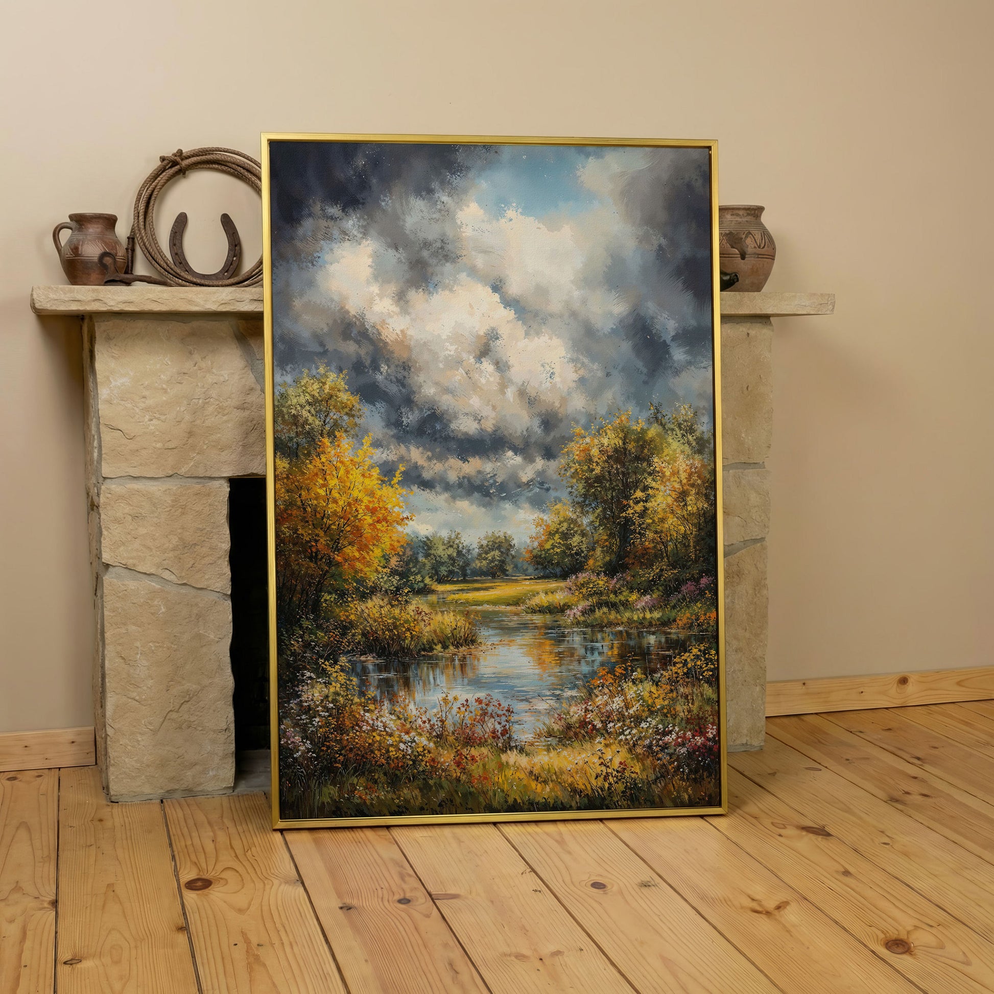 Forest Pond Landscape Canvas with Autumn Sky in yellow gold floating frame