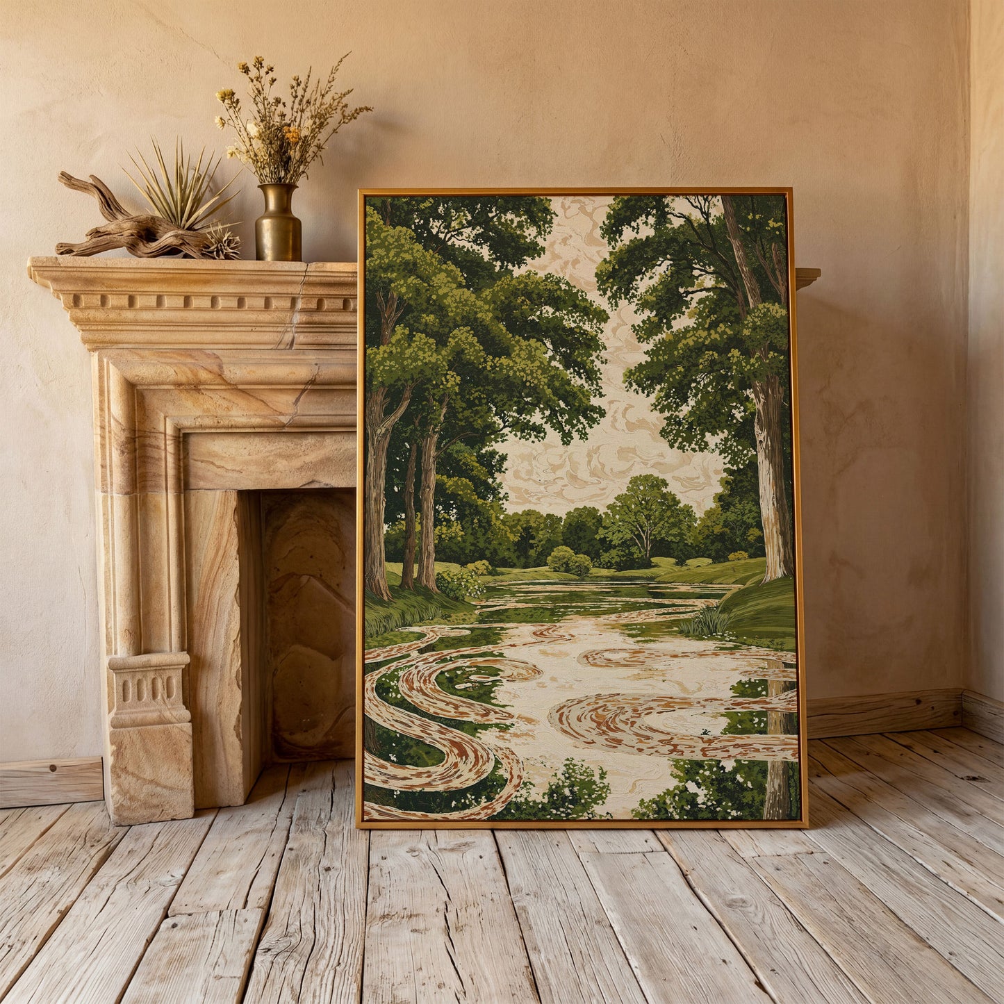 Forest Pond Canvas Print with Green Trees and Rippling Water in antique gold floating frame