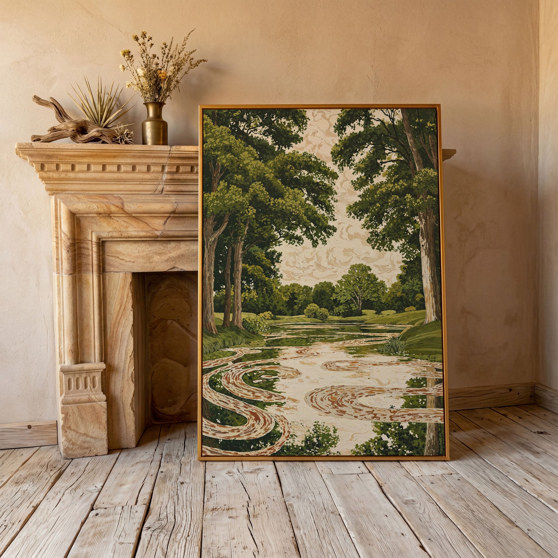 Forest Pond Canvas Print with Green Trees and Rippling Water in antique gold floating frame
